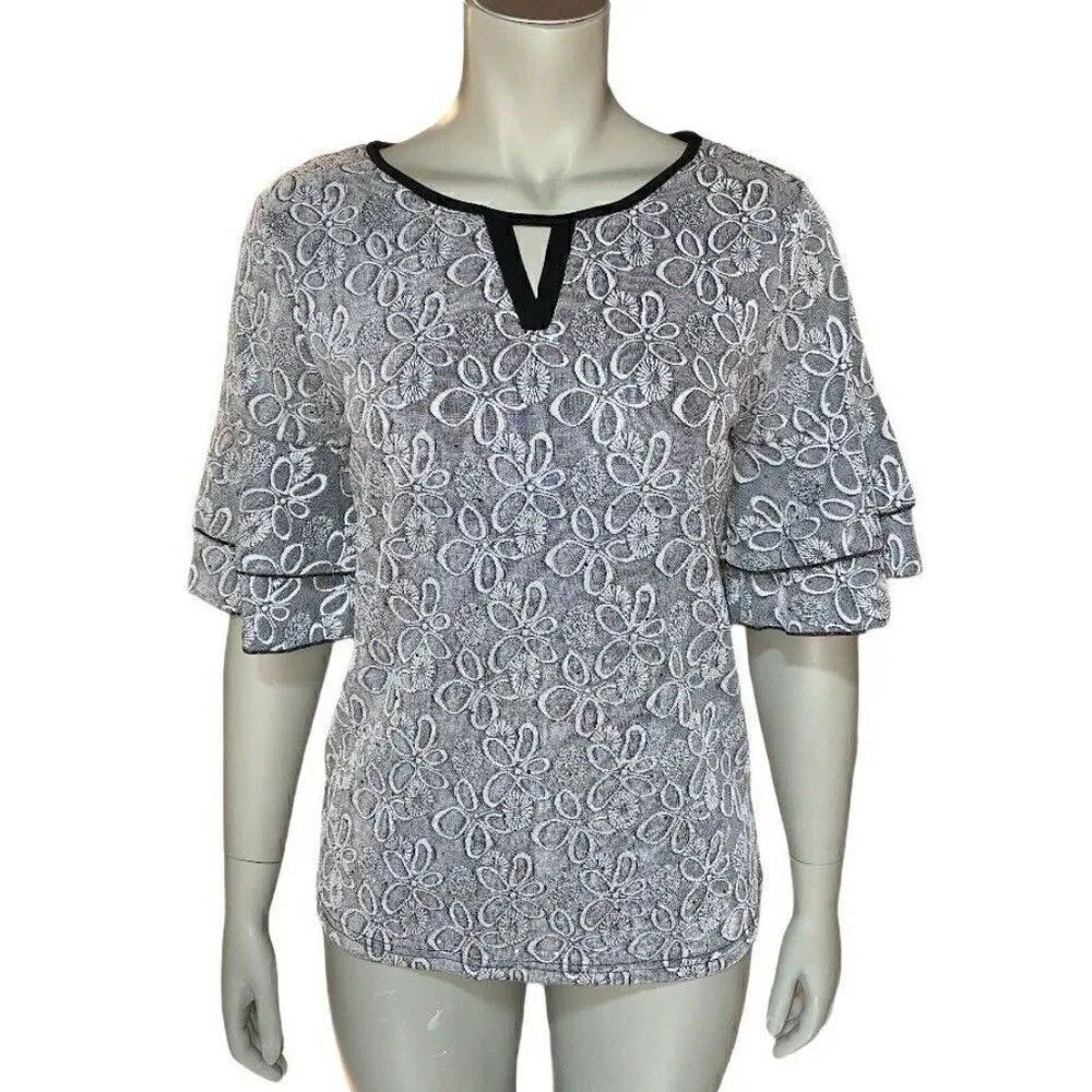 Chances R Keyhole V-neck Double Bell Sleeve Blouse
